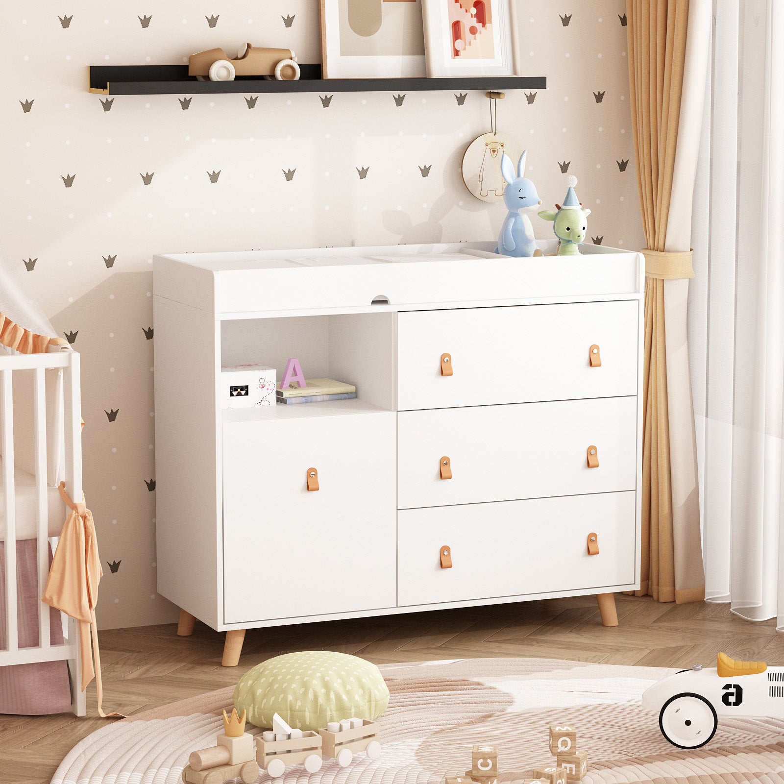 45 Inch Baby Changing Table Dresser, 2 in 1 Convertible Nursery Dresser  Chest for Infants with 4 Drawers & Shelf, Storage Changing Station Dresser,  White – Dawnspaces