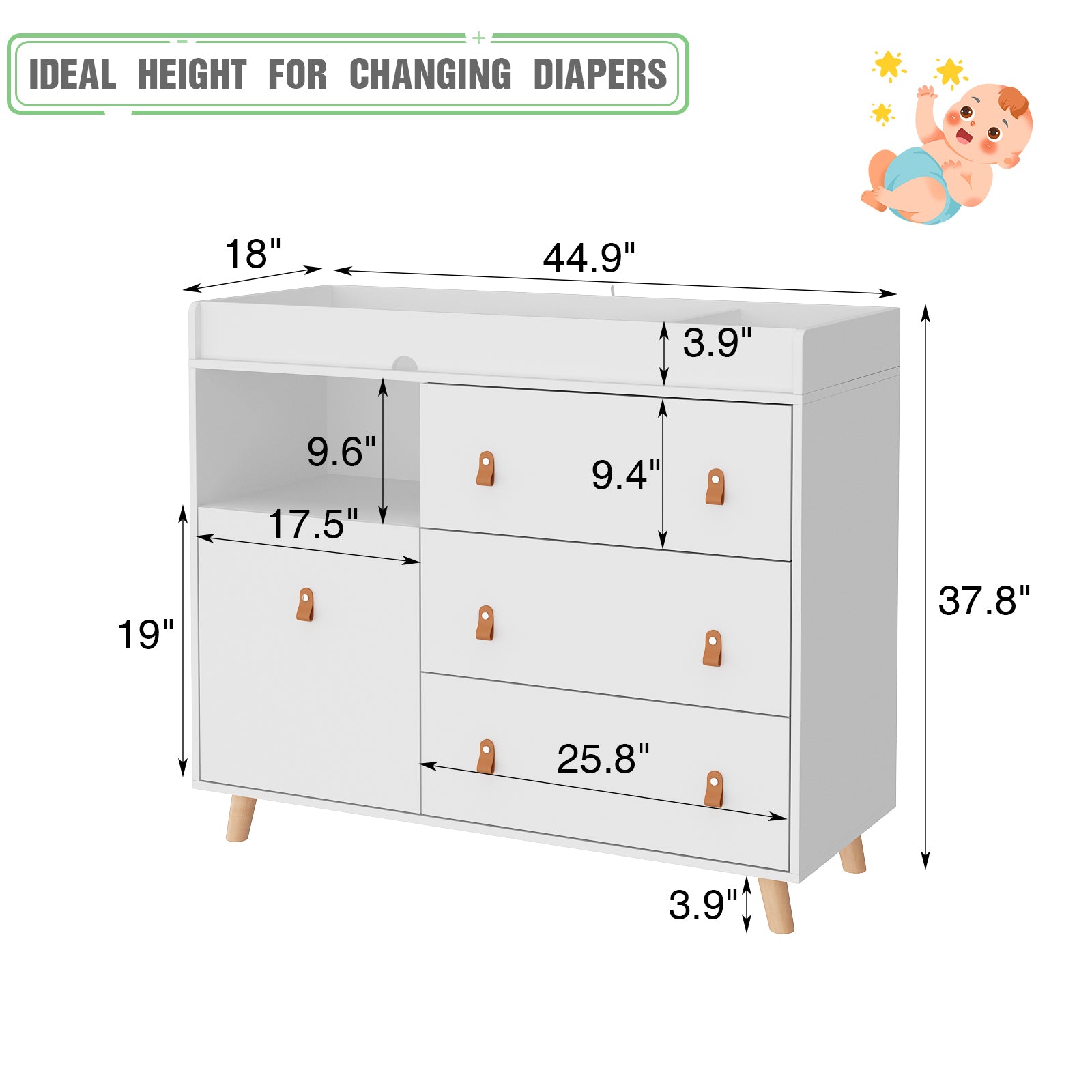 45 Inch Baby Changing Table Dresser, 2 in 1 Convertible Nursery Dresser  Chest for Infants with 4 Drawers & Shelf, Storage Changing Station Dresser,  White – Dawnspaces
